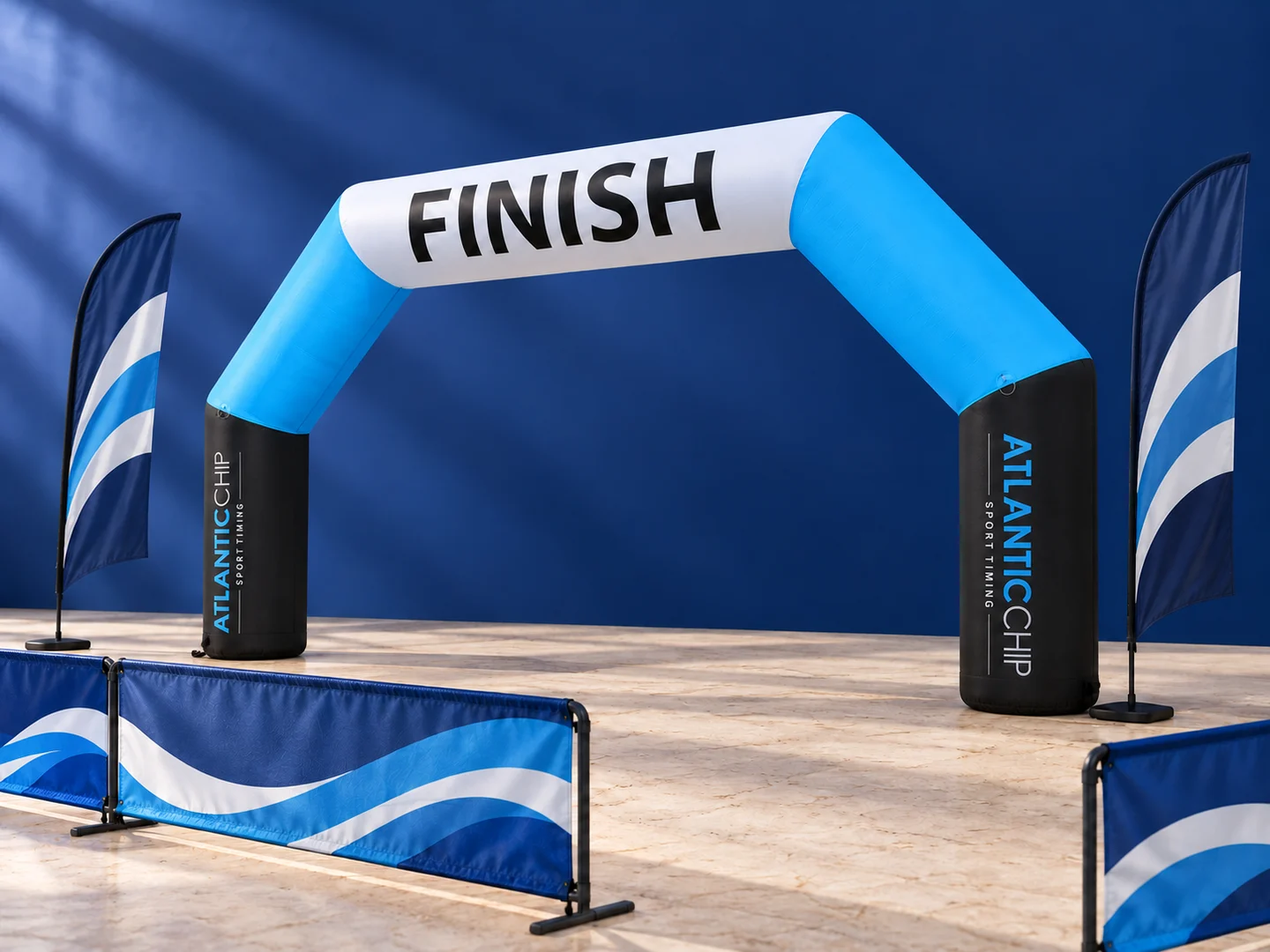 AI-assisted presentation: supplied cyan finish arch with concept feather flags and barrier graphics on ivory stone against blue