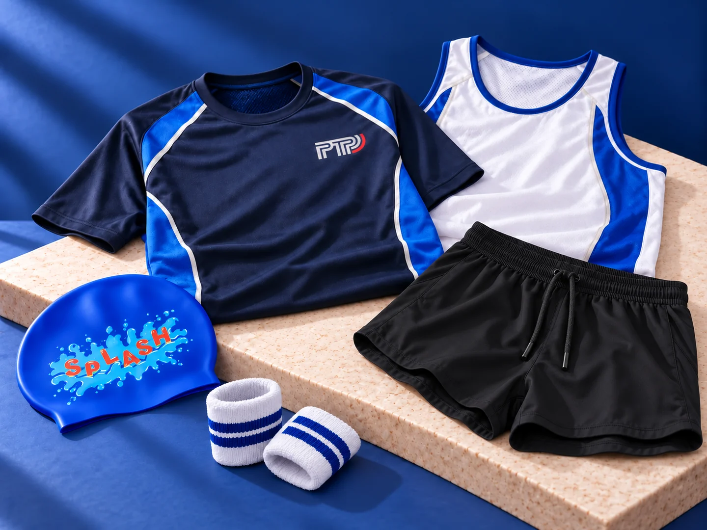 AI-assisted sportswear concept with a technical T-shirt, running singlet, plain black shorts, white and navy wristbands and blue swim cap