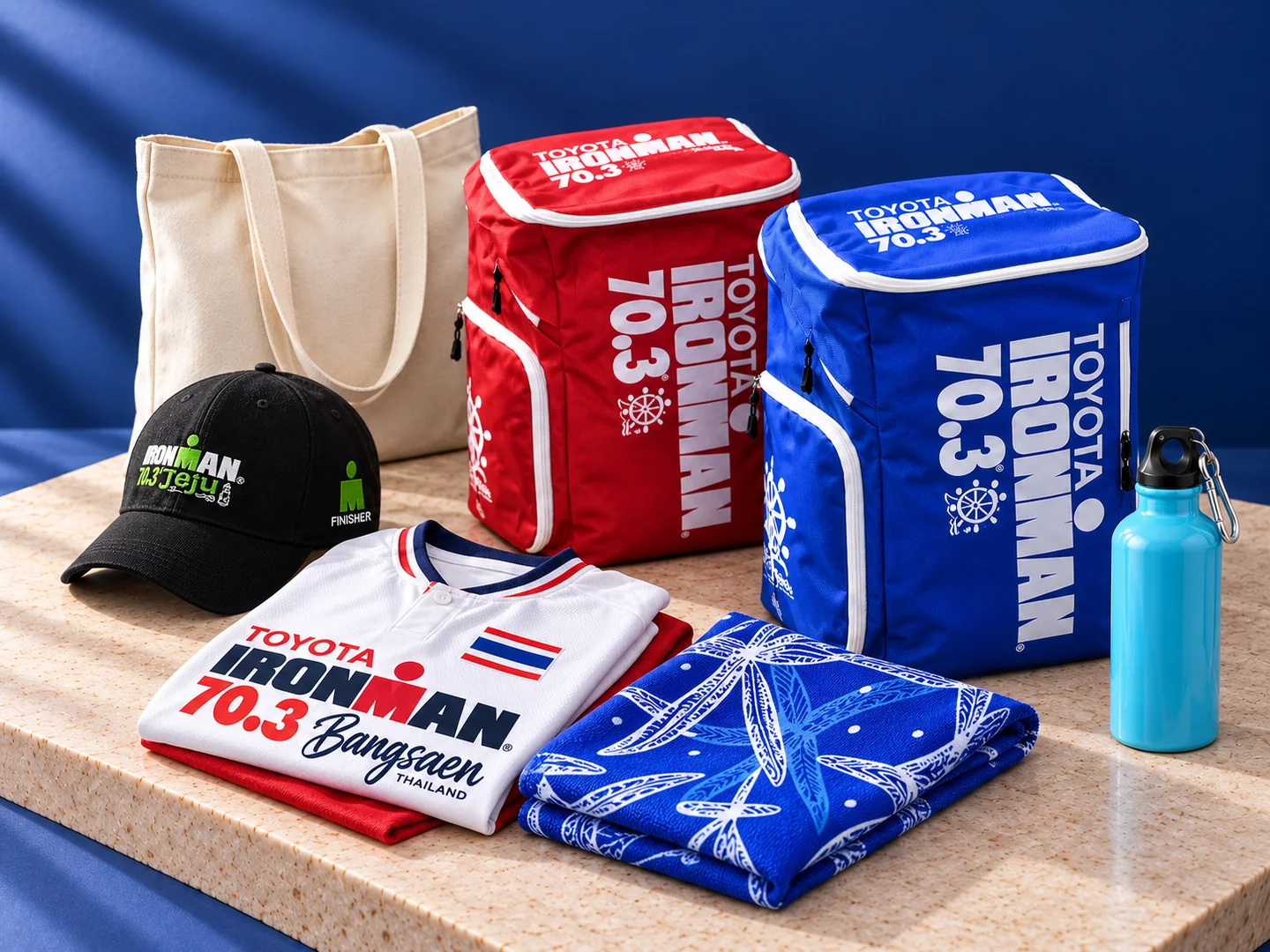 AI-assisted retail collection featuring supplied red and blue backpack designs with a cap, shirt, canvas tote, bottle and towel
