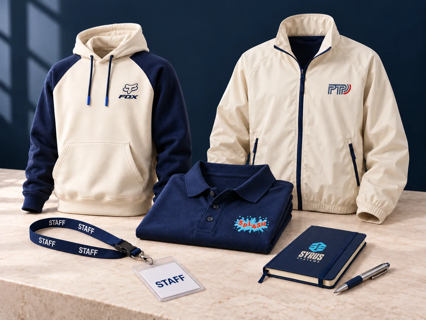 Staff collection design presentation with a FOX hoodie, PTP zip jacket, SPLASH polo, one STAFF lanyard and badge, SYRUS SYSTEMS notebook and pen