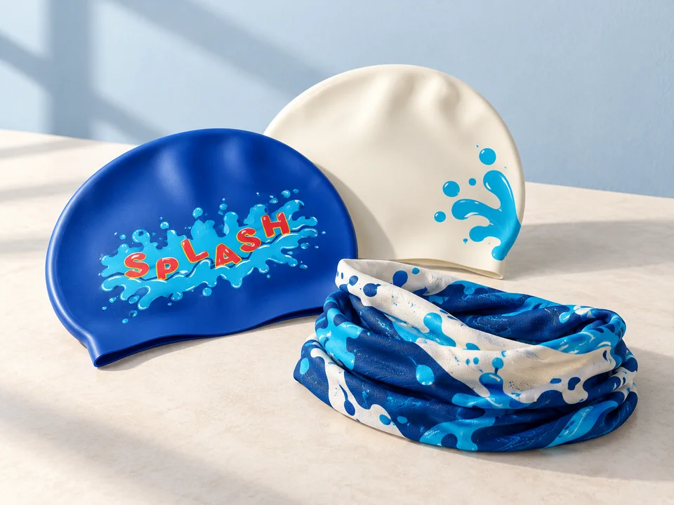 Custom design concept of SPLASH swim caps and a printed neck tube