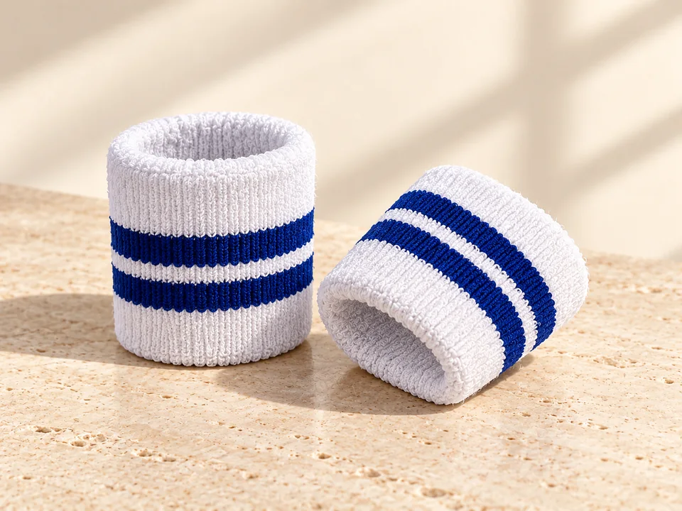 AI-generated product concept of two white terry sports wristbands with double navy stripes