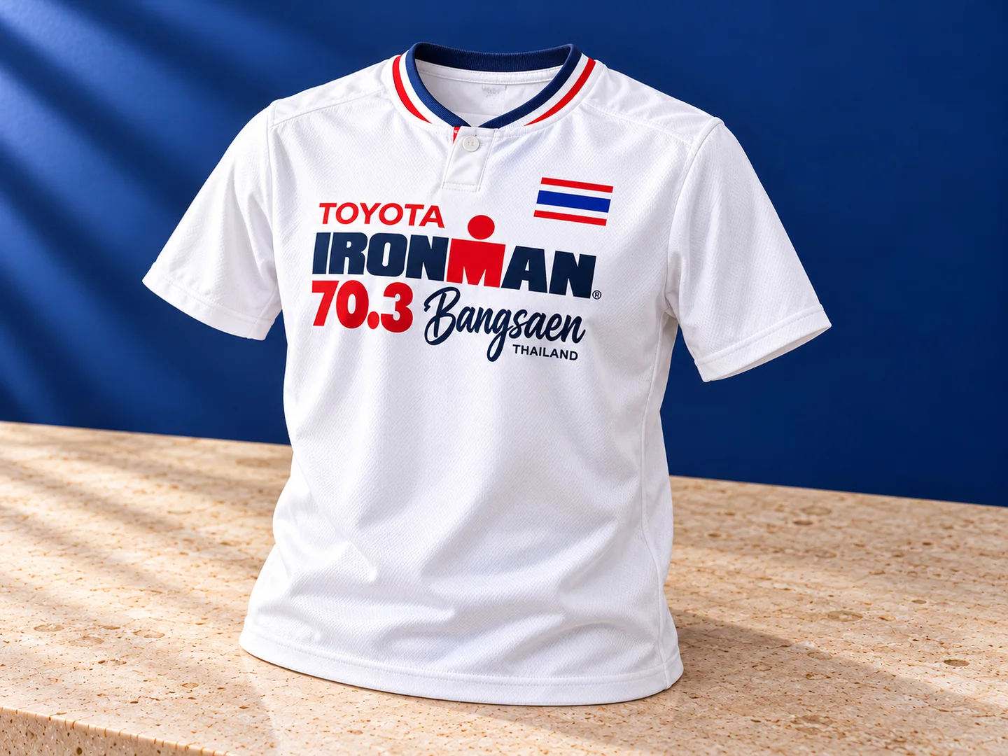 Product design presentation of a white event souvenir shirt with red and navy artwork