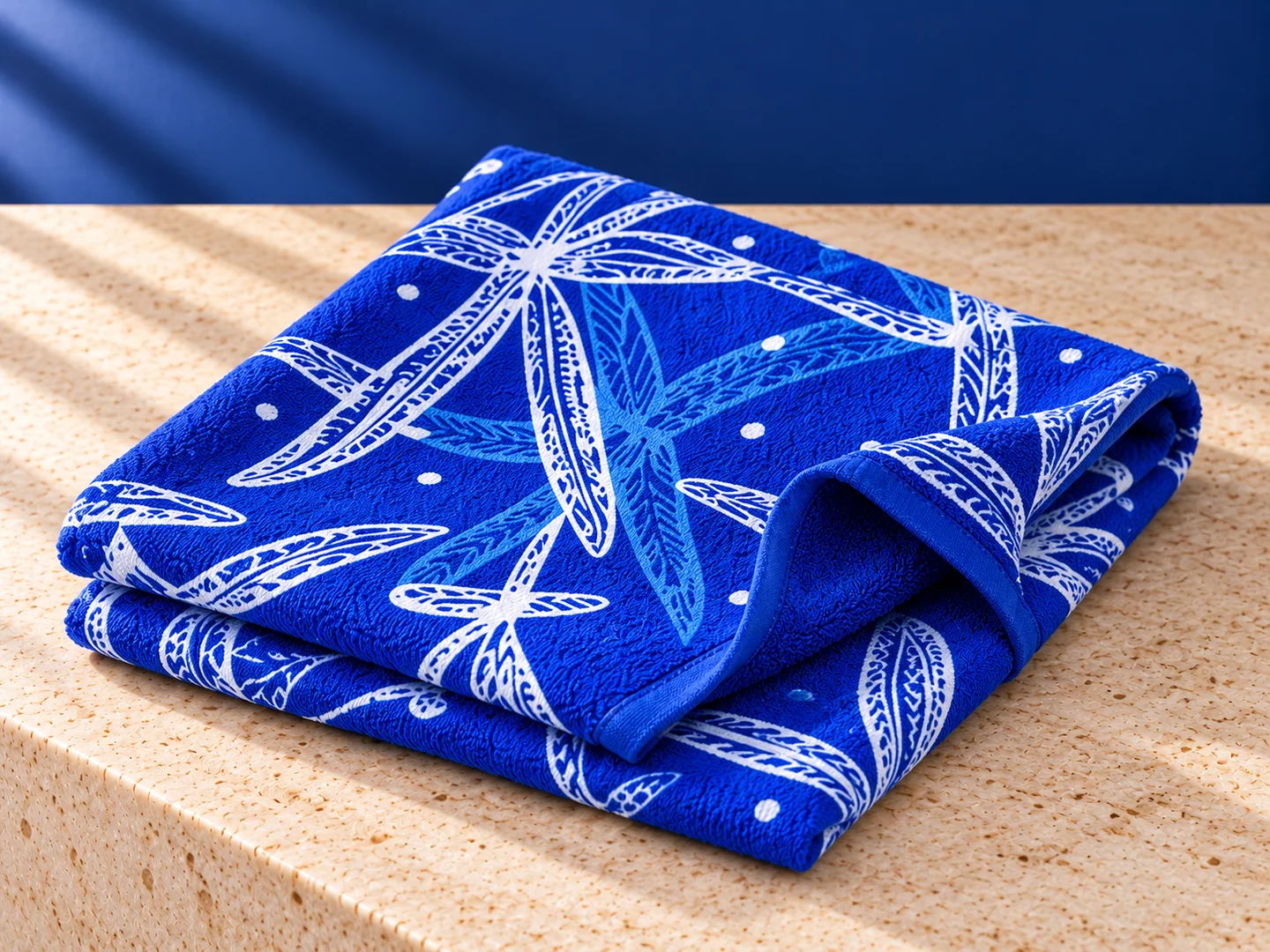 Product design presentation of a blue souvenir towel with ivory botanical print
