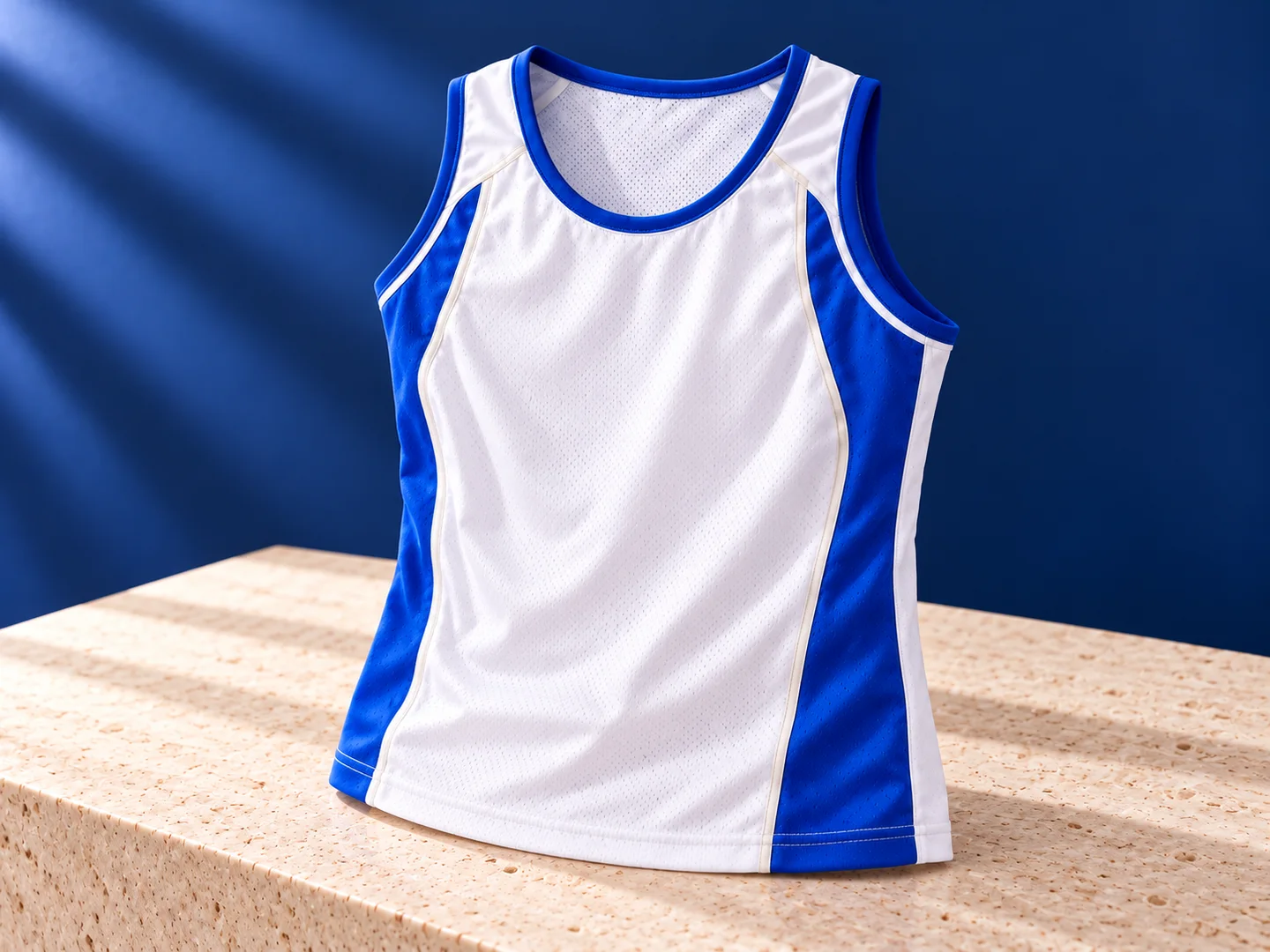 Product design presentation of a white running singlet with blue side panels and binding