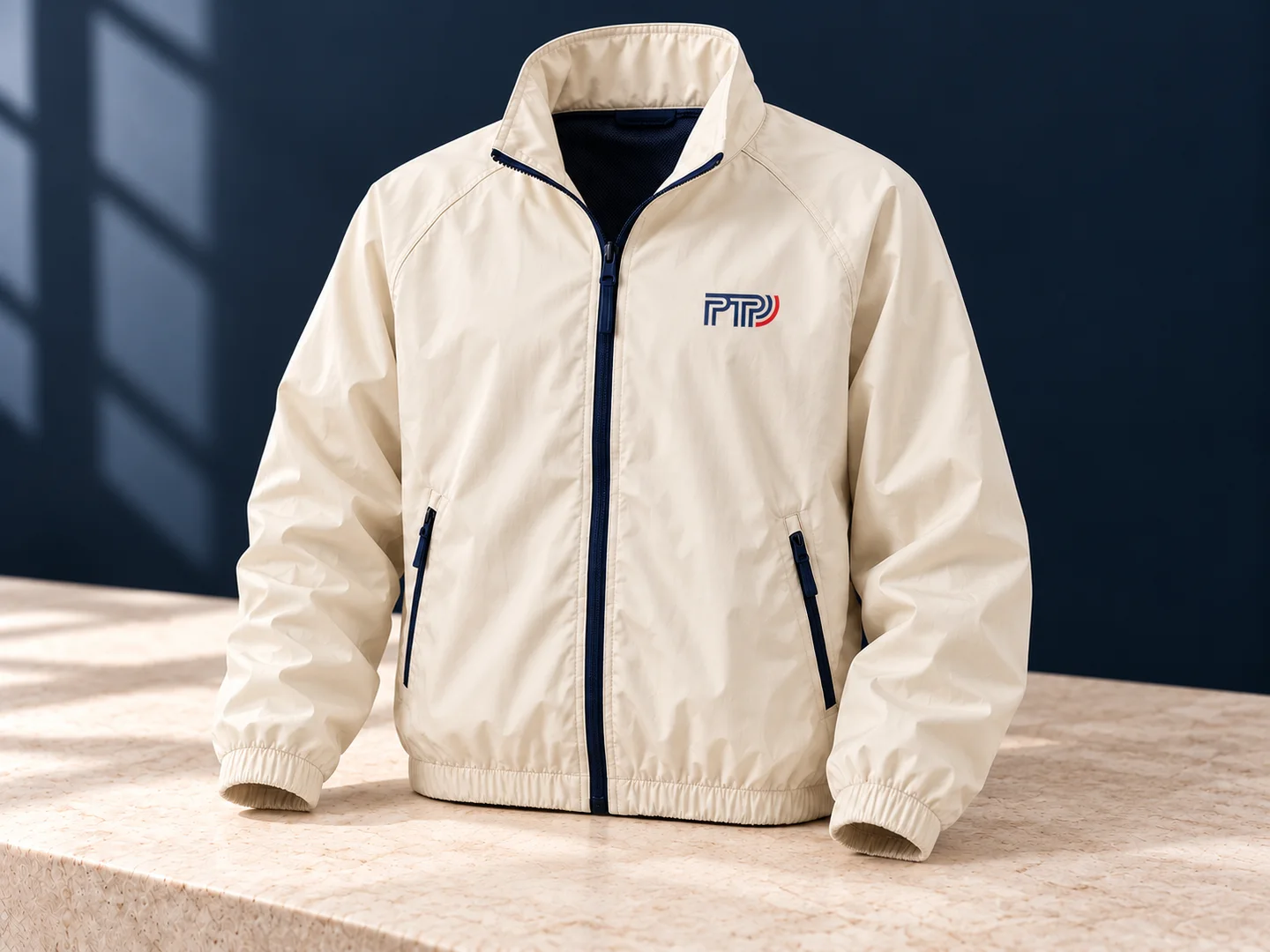 Product design presentation of an ivory zip jacket with navy zips and PTP chest artwork