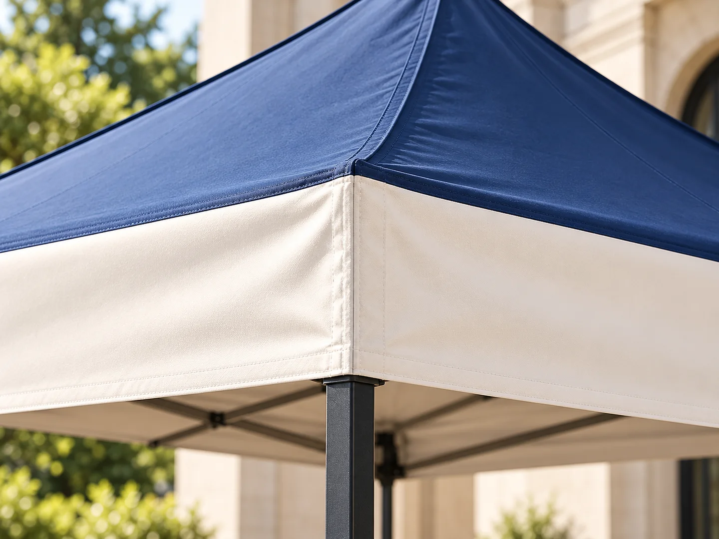 Product design concept close-up of the navy canopy corner, ivory valance and upright leg