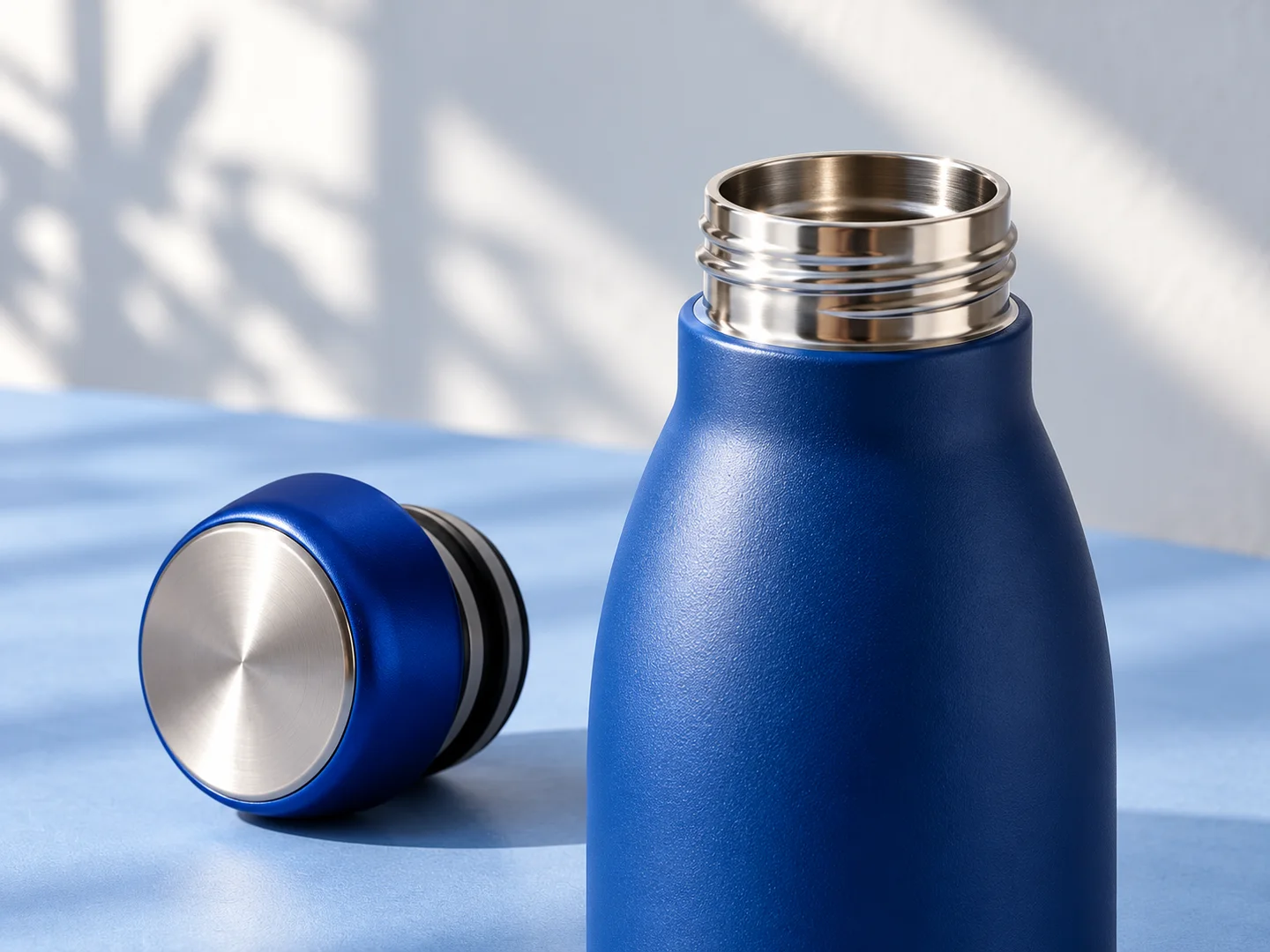 Product design concept close-up of the blue bottle threaded metal neck and detached cap