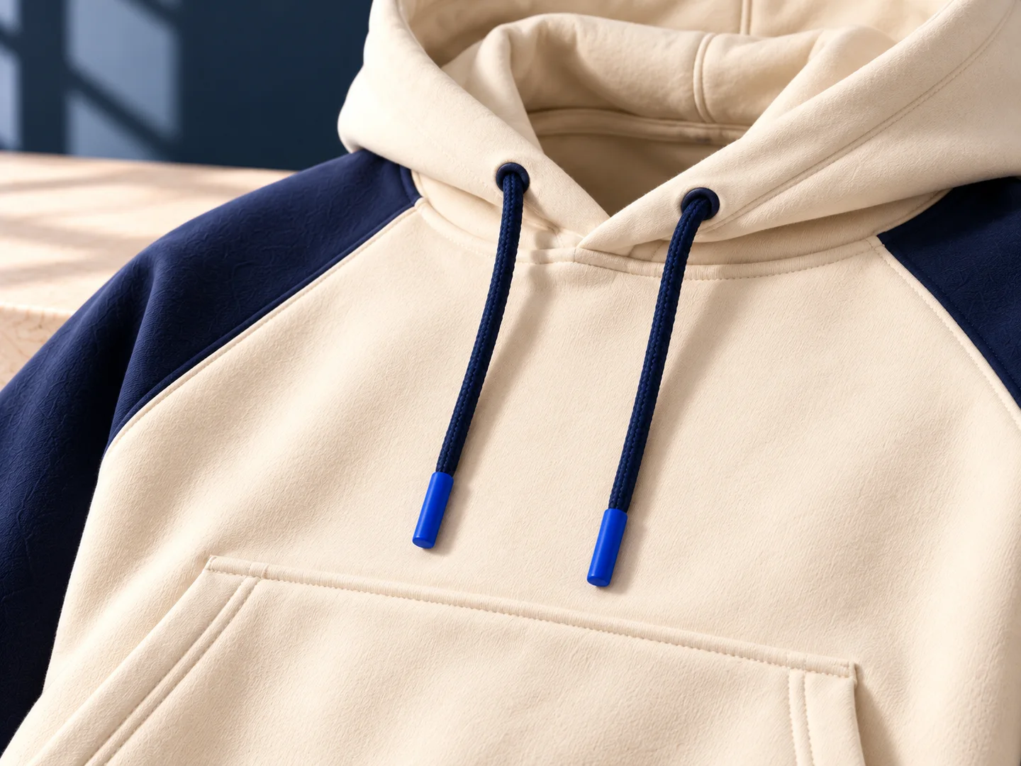 Close-up design presentation of the staff hoodie drawcord and pocket stitching
