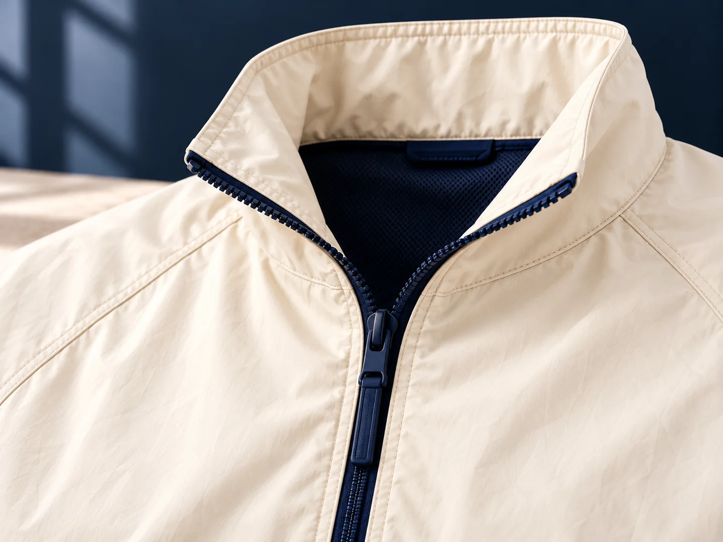 Close-up design presentation of the ivory staff jacket collar and navy zip