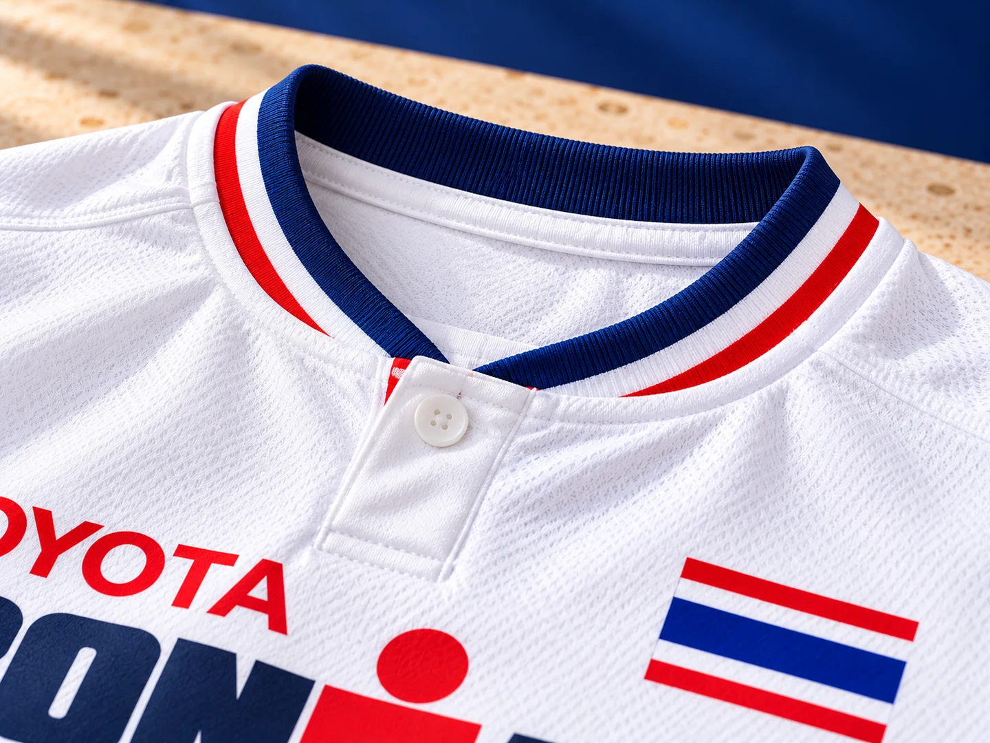 Close-up design presentation of the souvenir shirt collar trim and textured white fabric