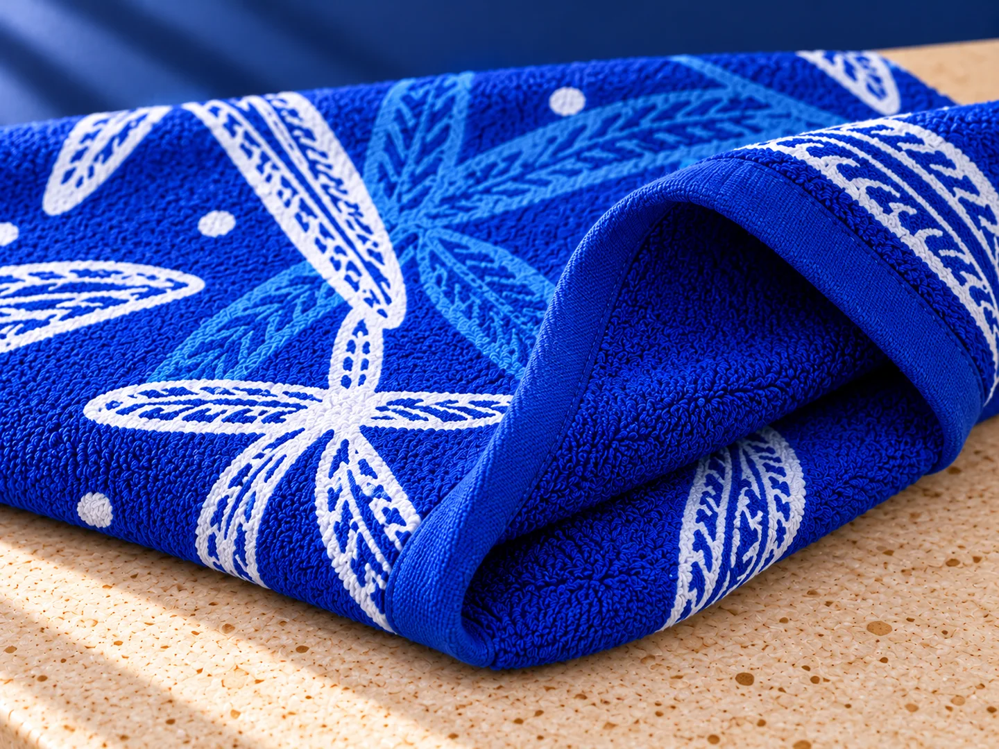 Close-up design presentation of blue towel loops, ivory botanical print and finished hem