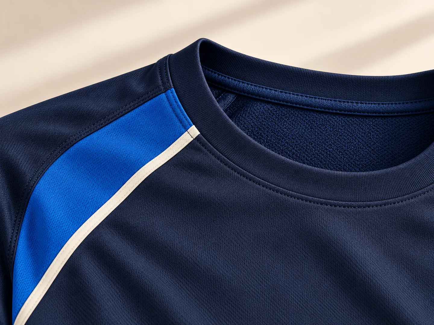 Product design concept close-up of the running shirt neckline, blue shoulder section and ivory piping