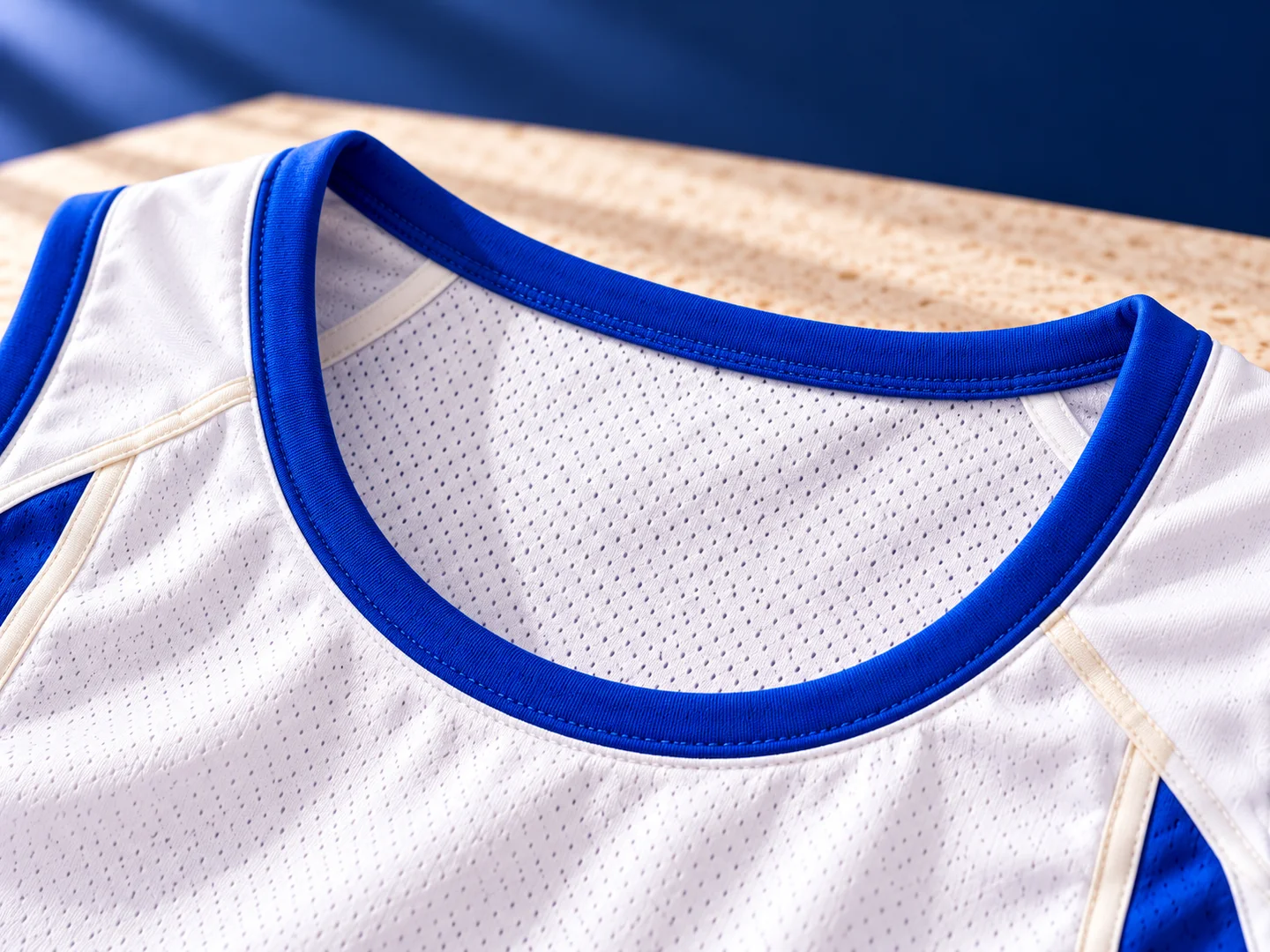 Close-up design presentation of the running singlet blue neck binding and white fabric