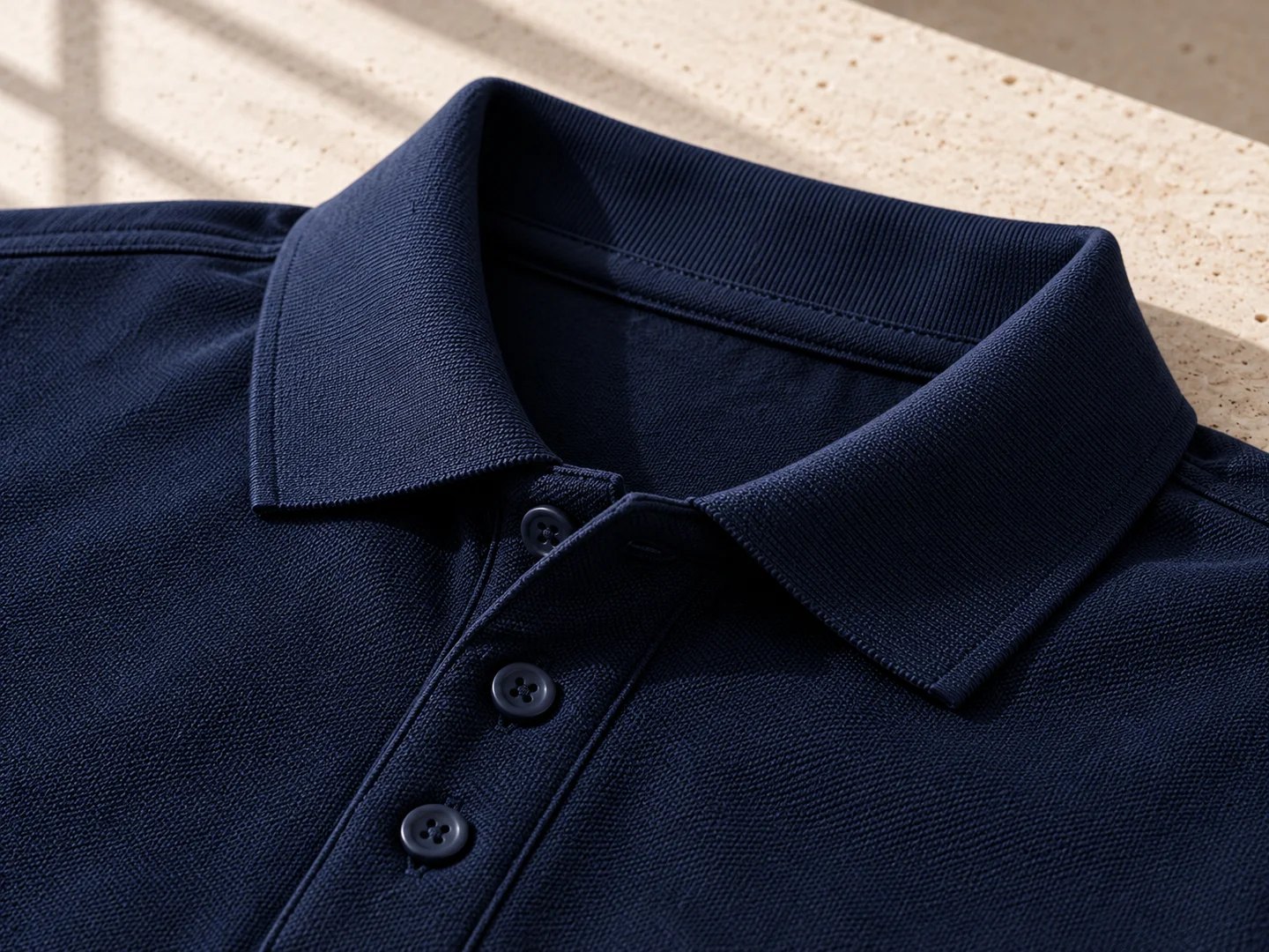 Product design concept close-up of the navy staff polo collar, fabric and button placket