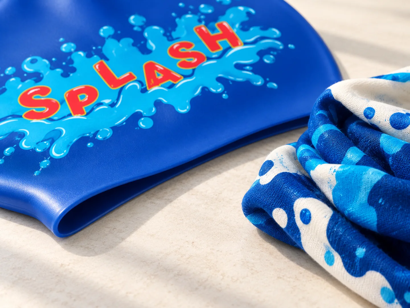Product design concept detail of a blue cap rim beside the printed neck-tube fabric