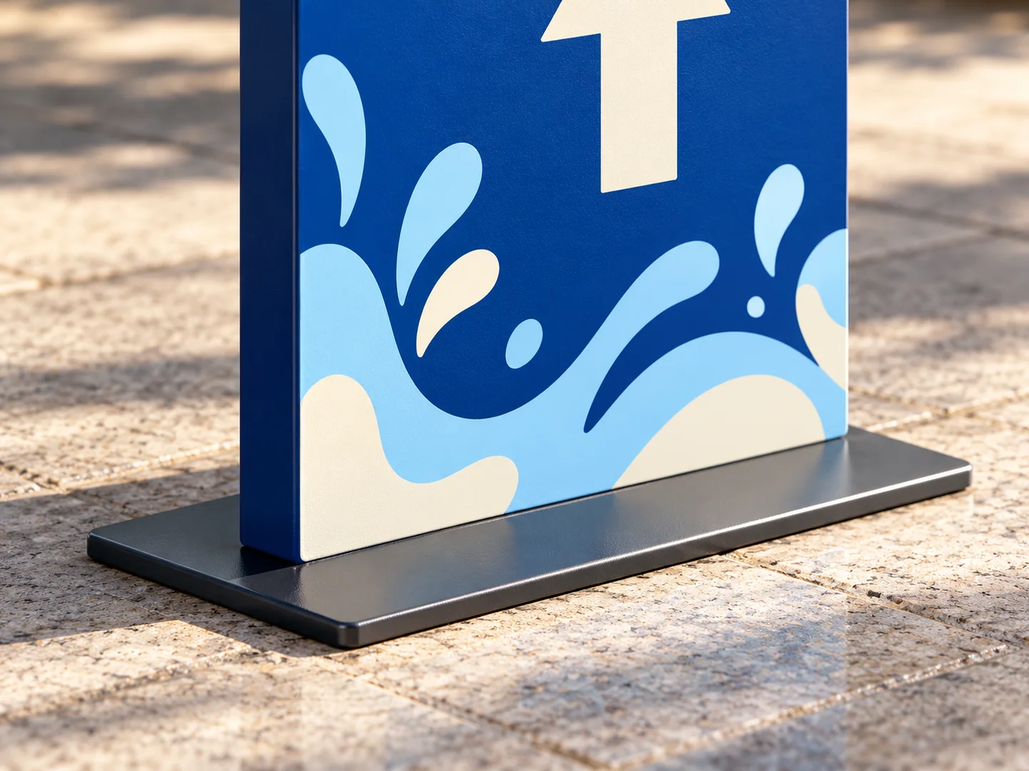 Product design concept close-up of a blue wayfinding sign panel meeting its dark base plate
