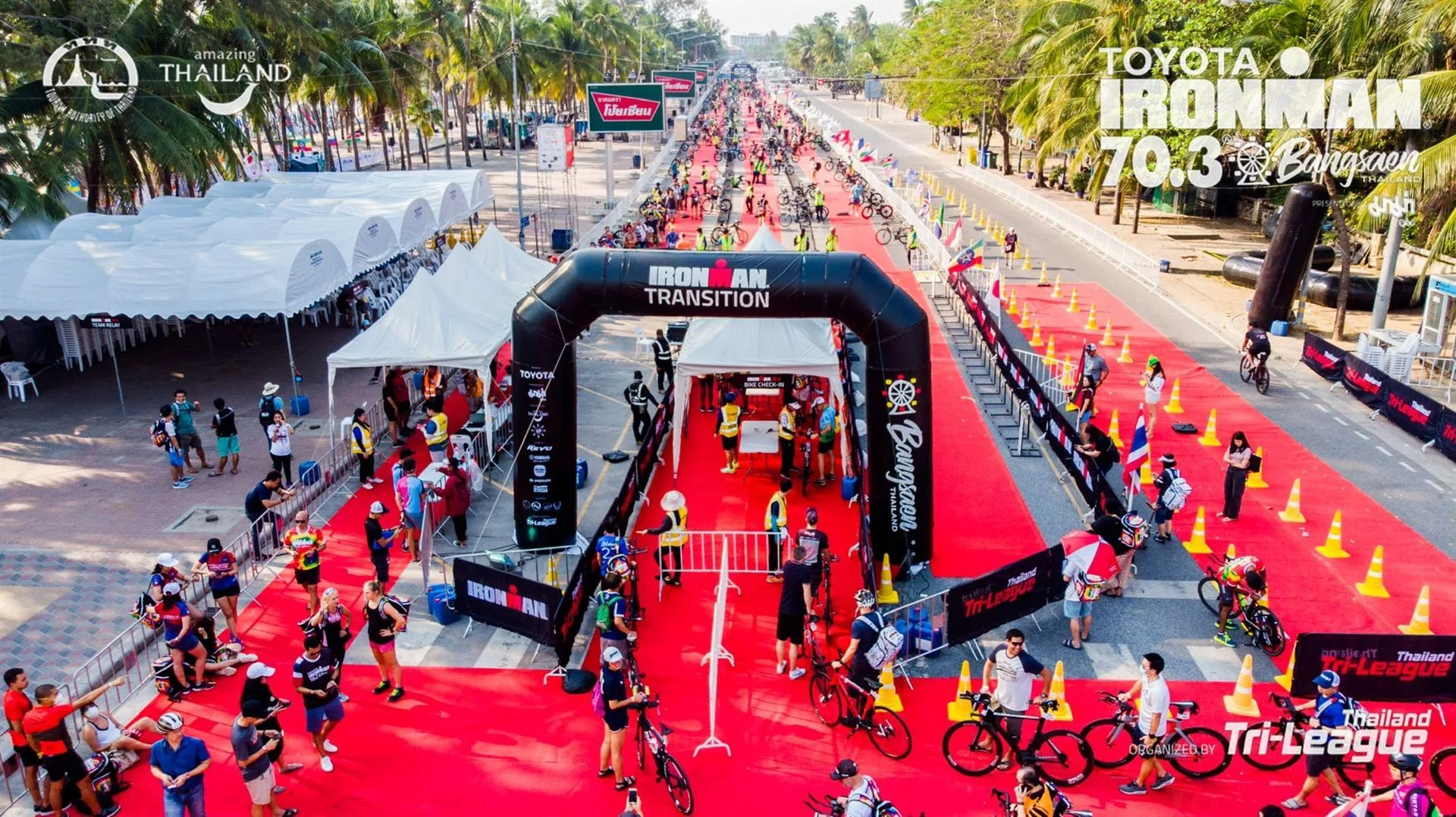 Bangsaen triathlon transition area, race infrastructure and athletes