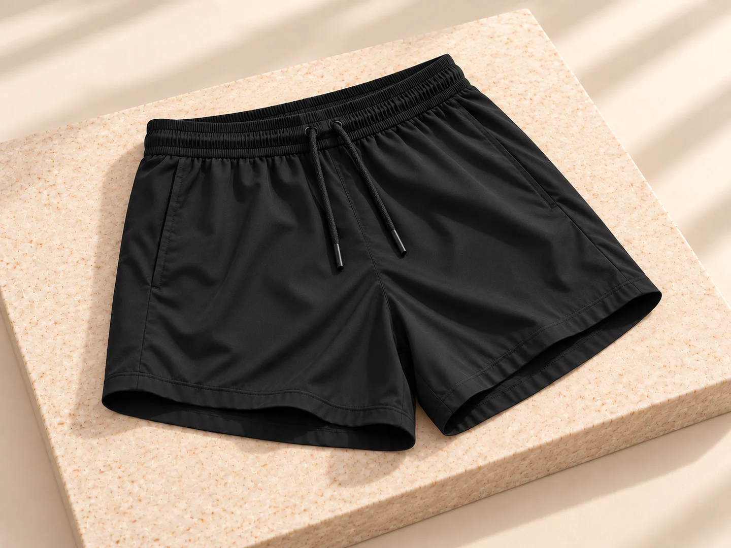 Three-quarter front view of plain black running shorts; product design concept
