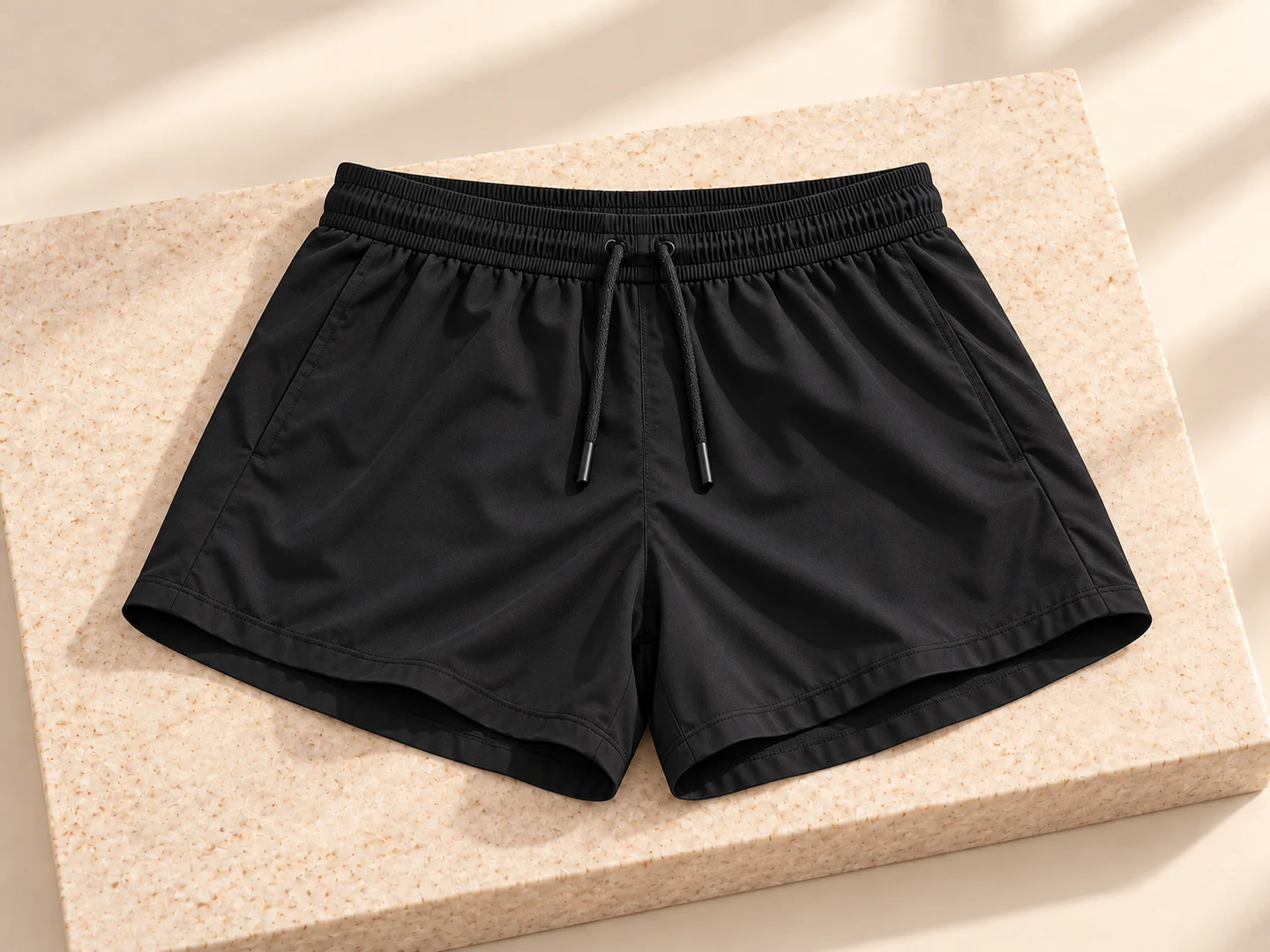 AI-generated product concept of plain black running shorts with solid side fabric, pockets and a drawstring waist