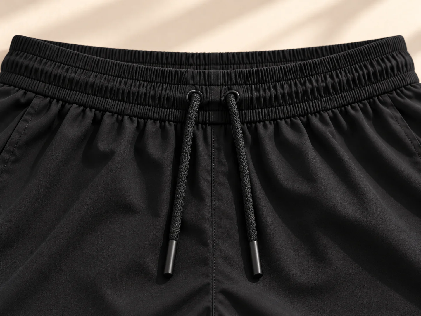 Close-up of black elasticated waistband and two plain black drawcord ends; product design concept