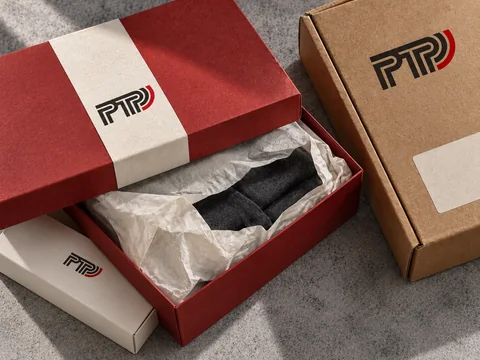 AI-generated PTP packaging concept with a red presentation box, protective tissue and branded kraft mailer